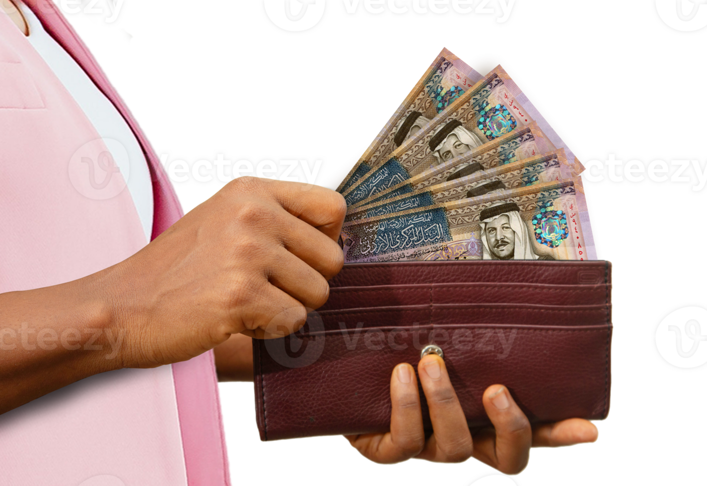 eerlijk vrouw hand- Holding bruin handtas met Jordaans dinar notities, hand- Verwijderen geld uit van handtas geïsoleerd Aan transparant achtergrond png