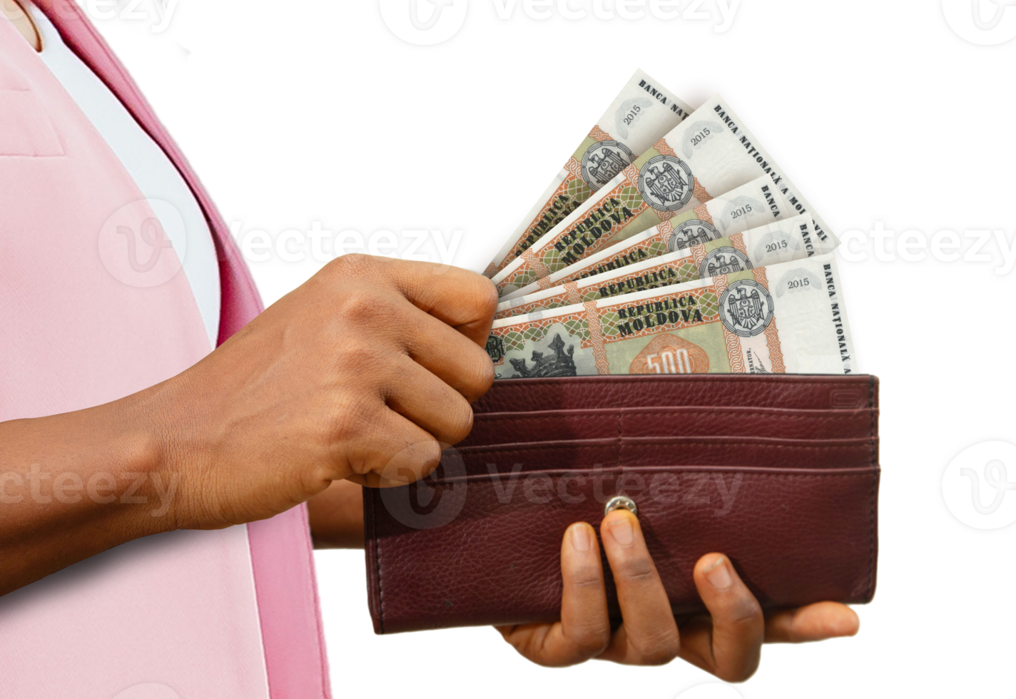 fair Female Hand Holding brown Purse With Moldovan Leu notes, hand removing money out of purse isolated on transparent background png