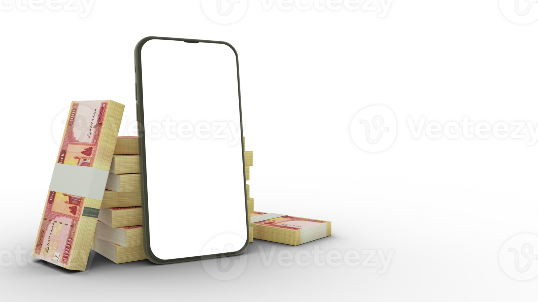 3d interpretazione di un' mobile Telefono con vuoto schermo e pile di afgano afghani Appunti dietro a isolato su trasparente sfondo. png