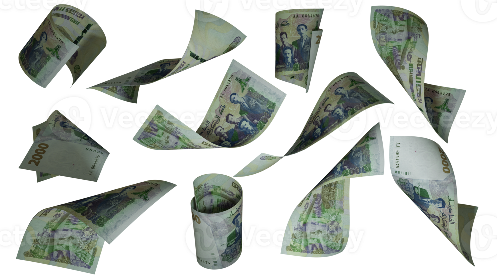 3D rendering of Algerian dinar notes flying in different angles and orientations isolated on transparent background png