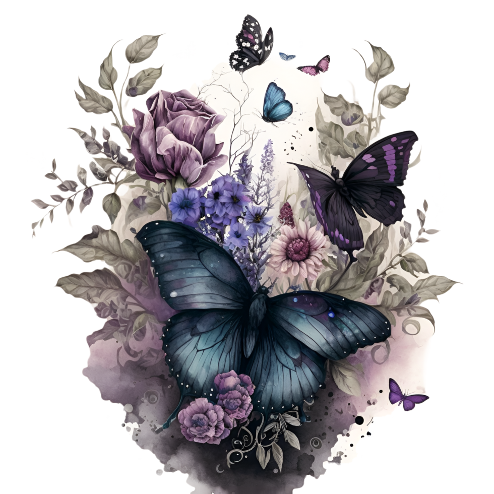 Goth Schmetterling Blume Strauß Aquarell Clip Art ai generiert png