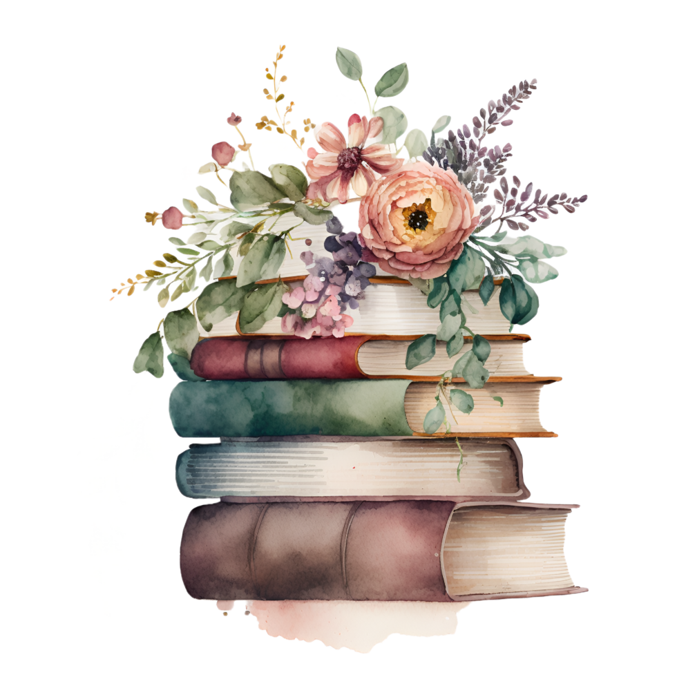 Vintage Books with Flowers Watercolor Clipart png
