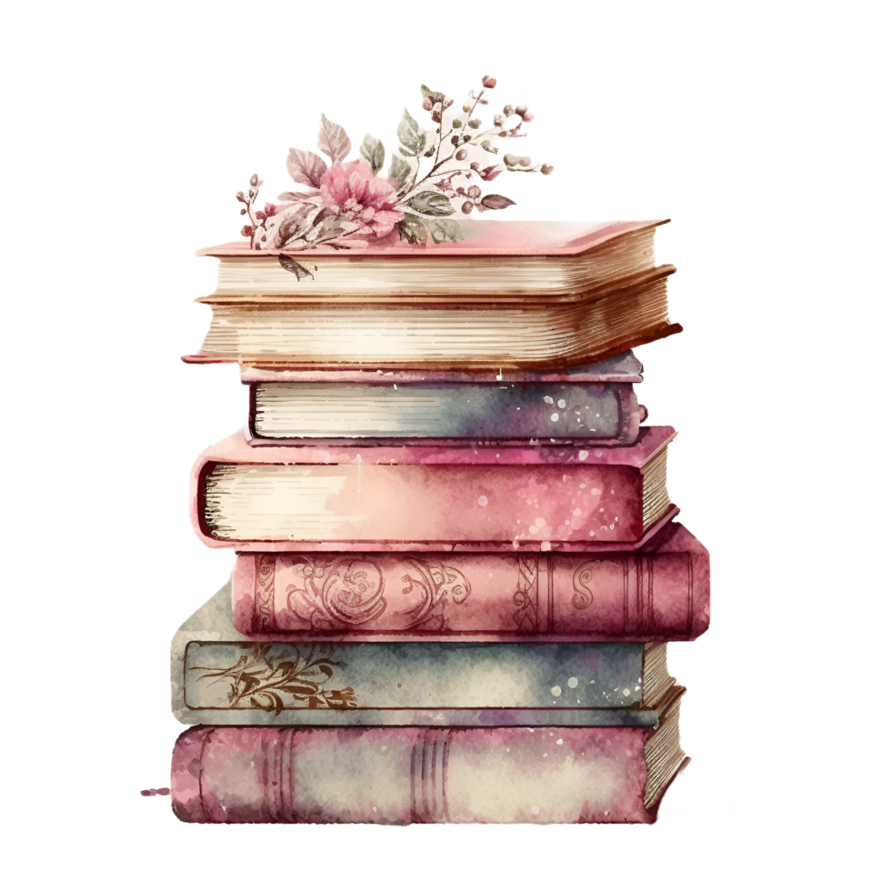 Vintage Books with Flowers Watercolor Clipart AI Generated png