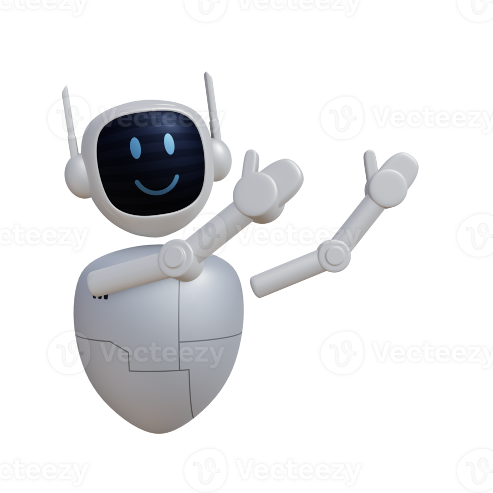 Robot 3d character pointing to up direction png