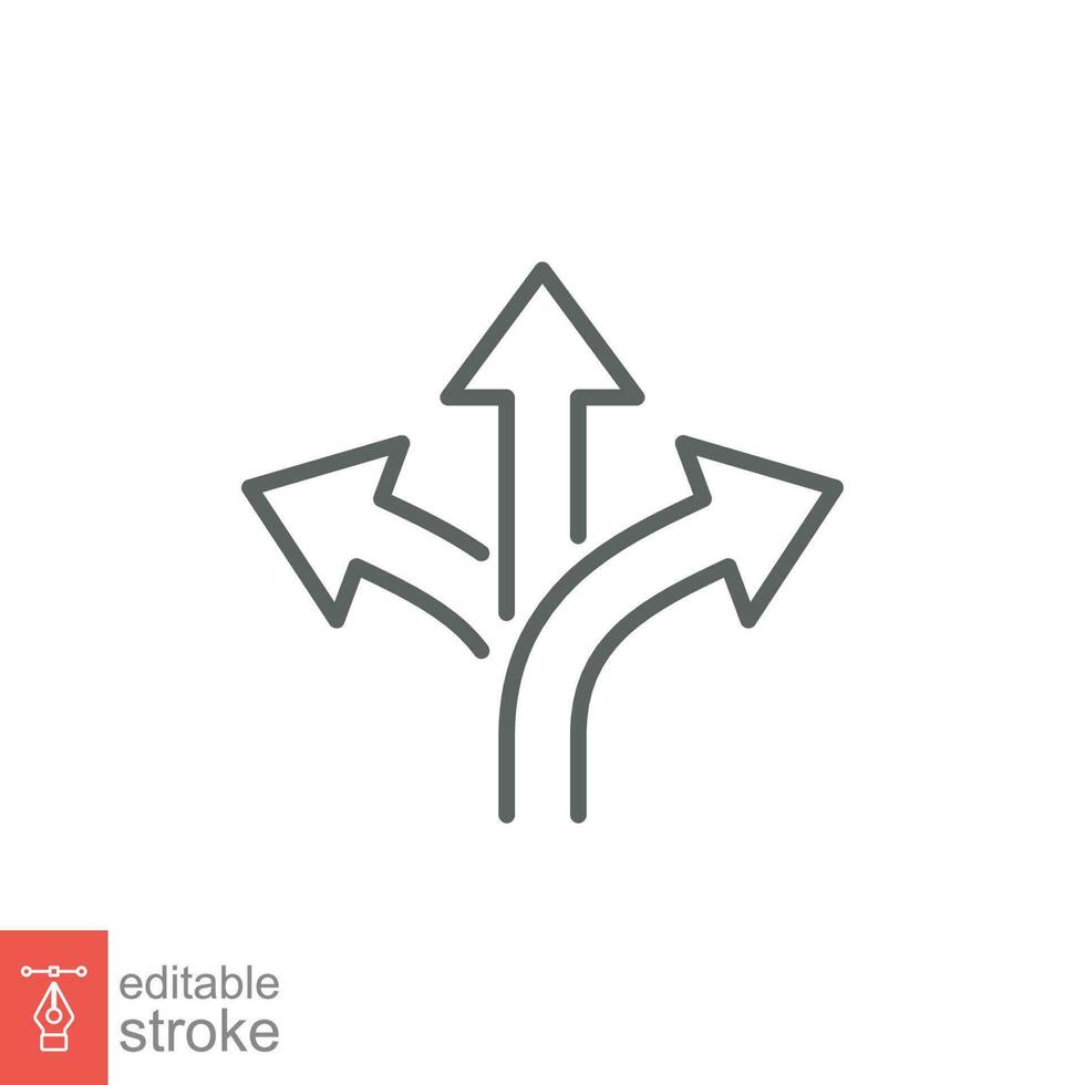 3 arrow way icon. Simple outline style. Choice, option, pathway, opportunity, three, road concept. Thin line symbol. Vector symbol illustration isolated on white background. Editable stroke EPS 10.
