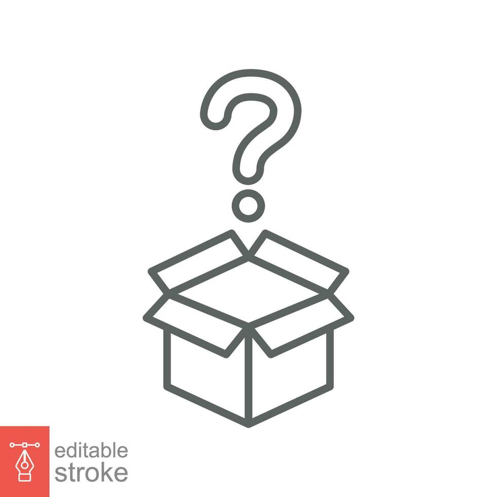 Mystery box icon. Simple outline style. Mistery, box carton with question mark, gift concept. Thin line symbol. Vector symbol illustration isolated on white background. Editable stroke EPS 10.