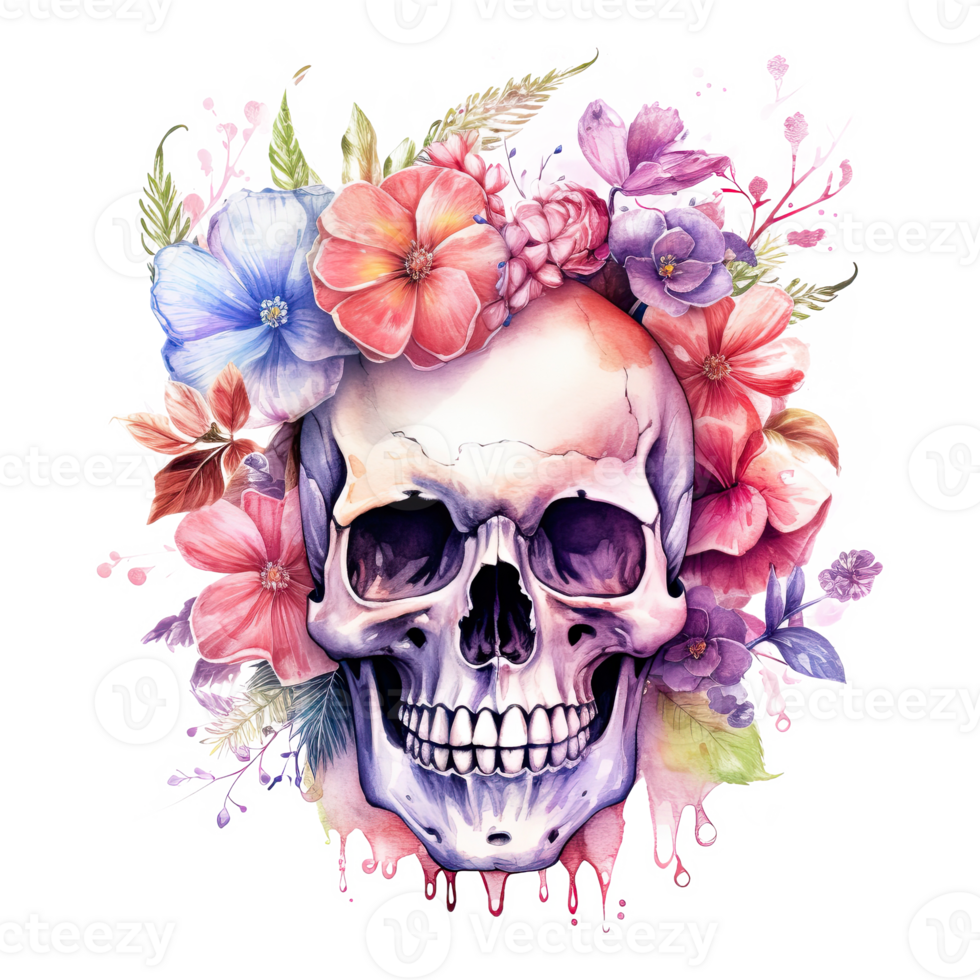 Watercolor skull with flowers. Illustration png