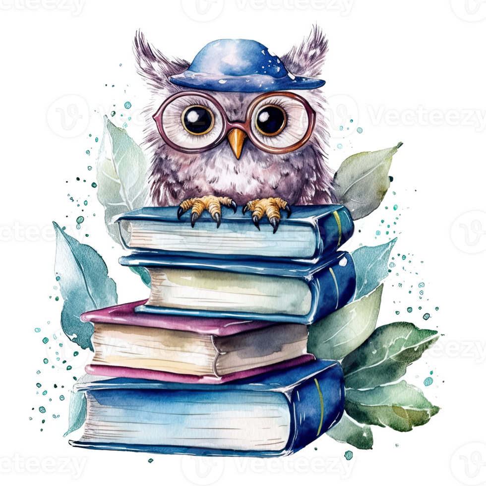 Watercolor books wuth owl. Illustration png