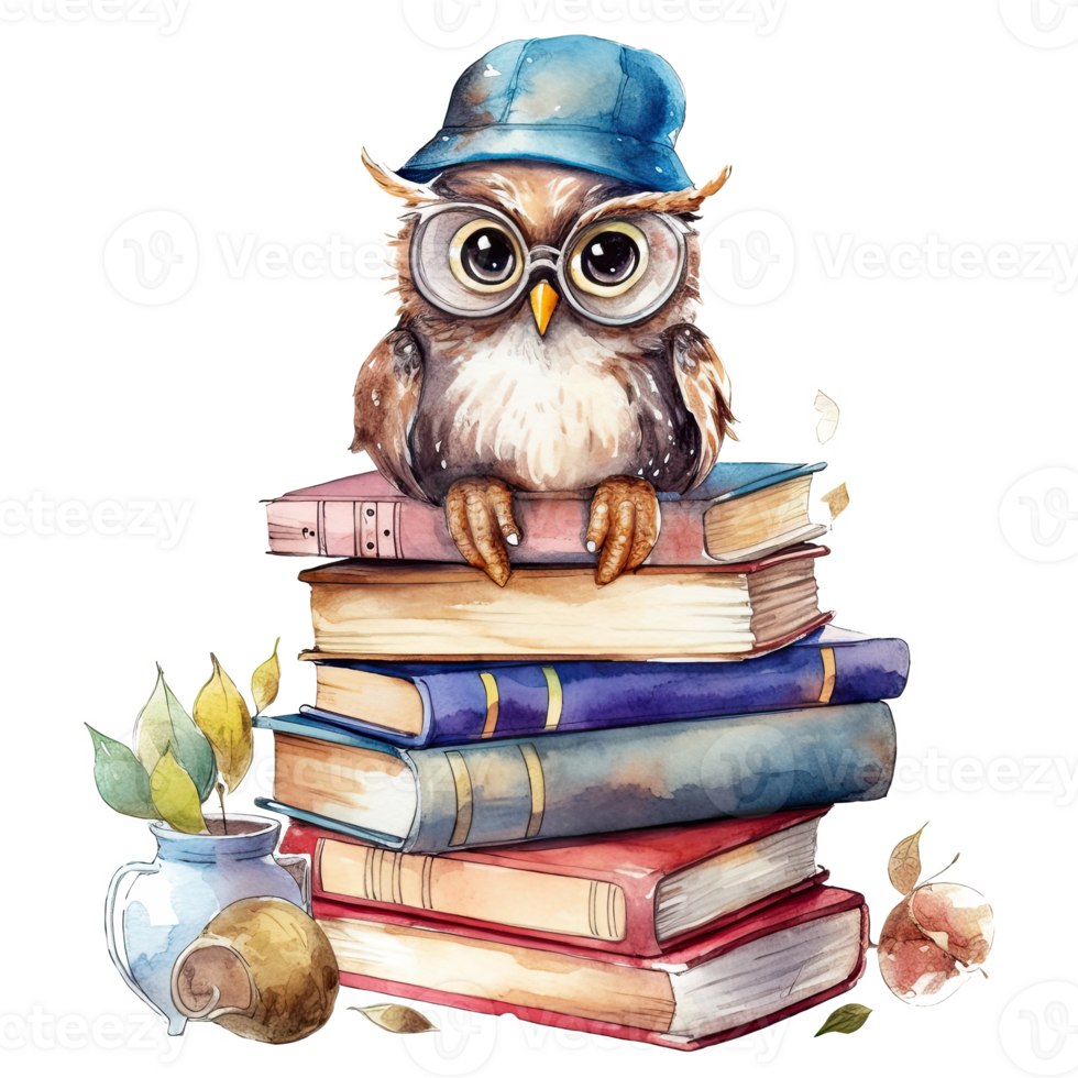 Watercolor books wuth owl. Illustration png
