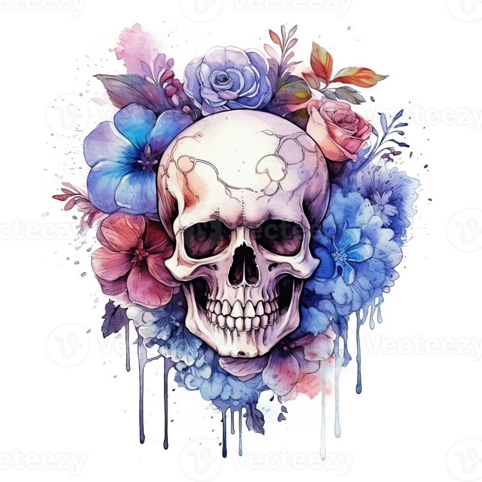 Watercolor skull with flowers. Illustration png