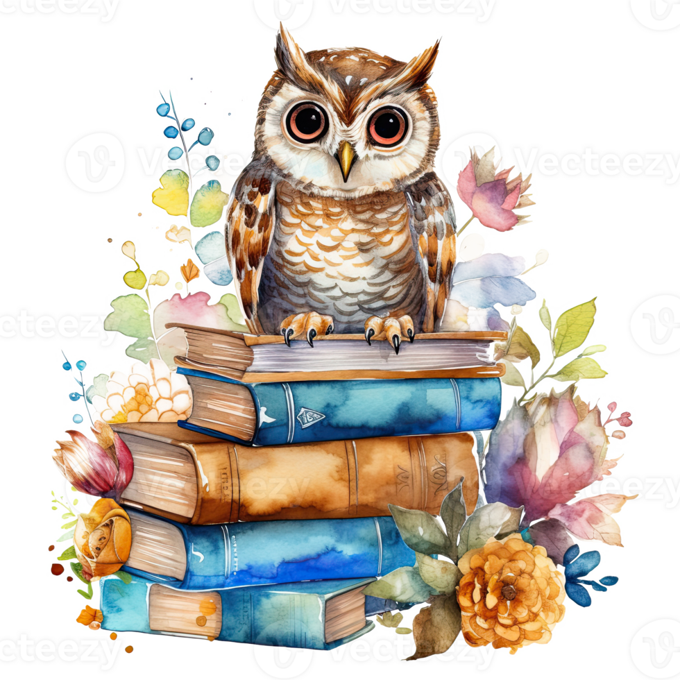 Watercolor books wuth owl. Illustration png