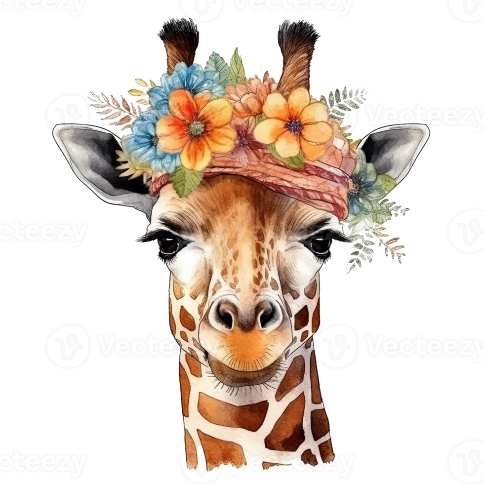 Cute giraffe in hat with flower. Watercolor. Illustration png