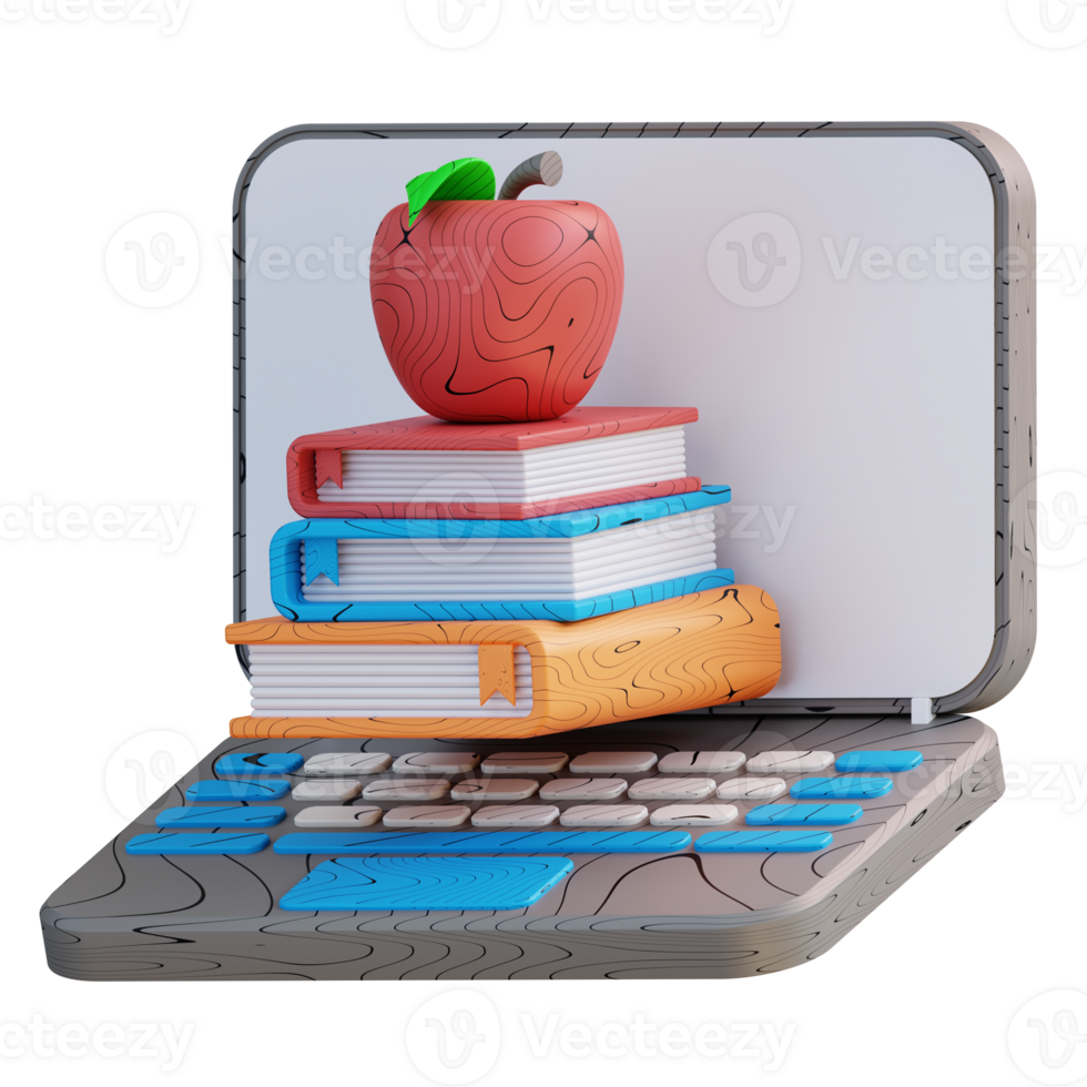 3D Illustration of laptop and pile of apple books png