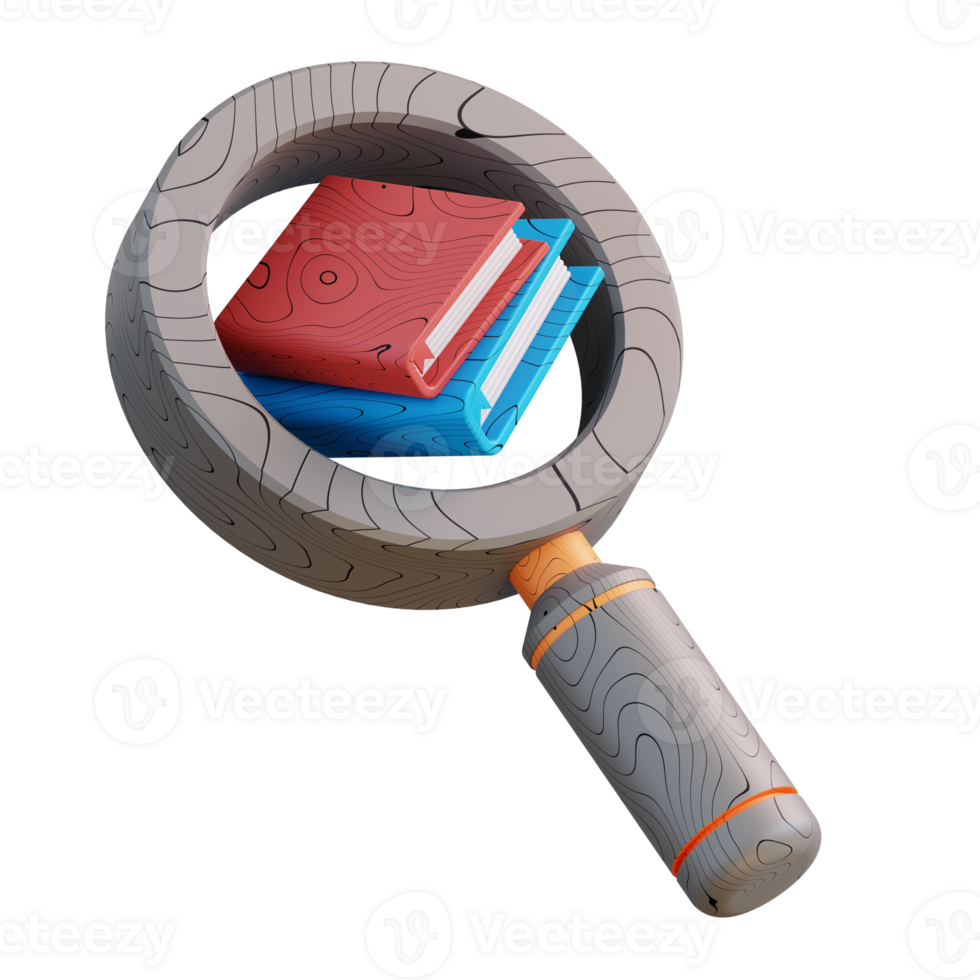 3D Illustration of magnifying glass and book png