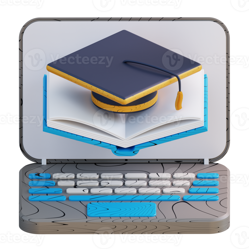 3D illustration laptop graduation cap and books png