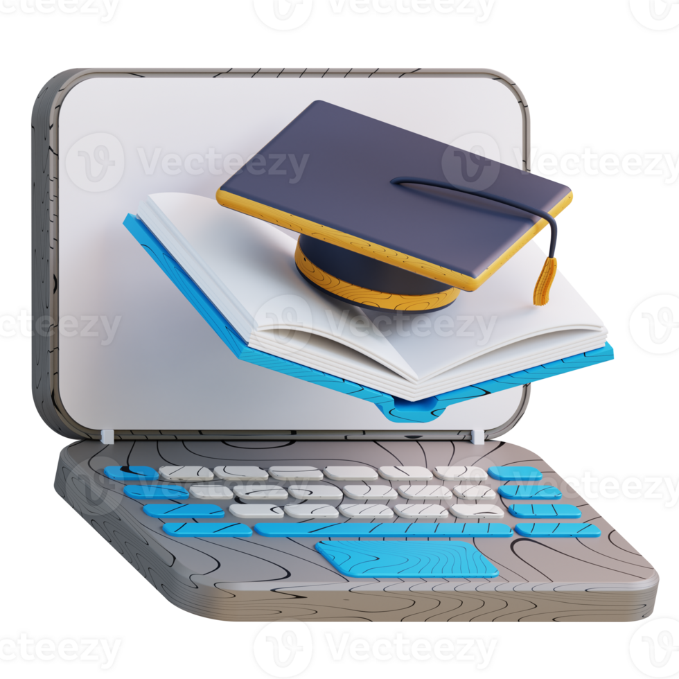 3D illustration laptop graduation cap and books png