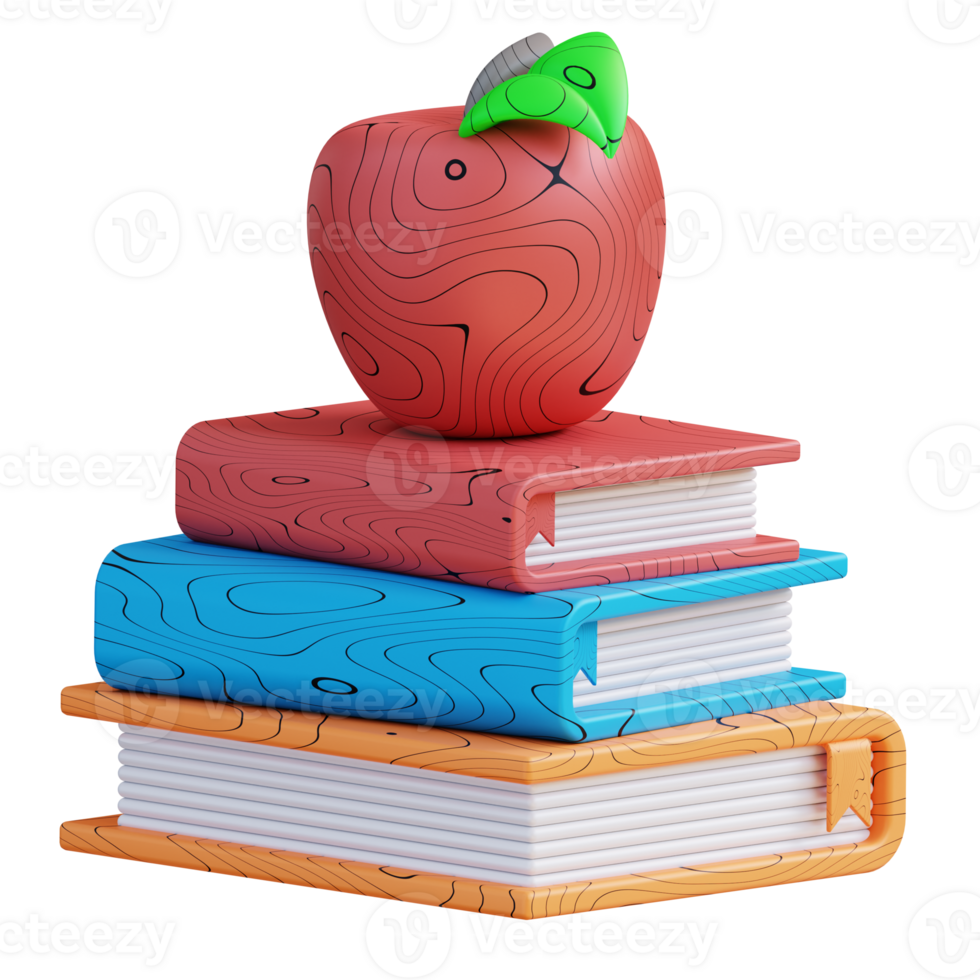 3D illustration of pile of books and apple png