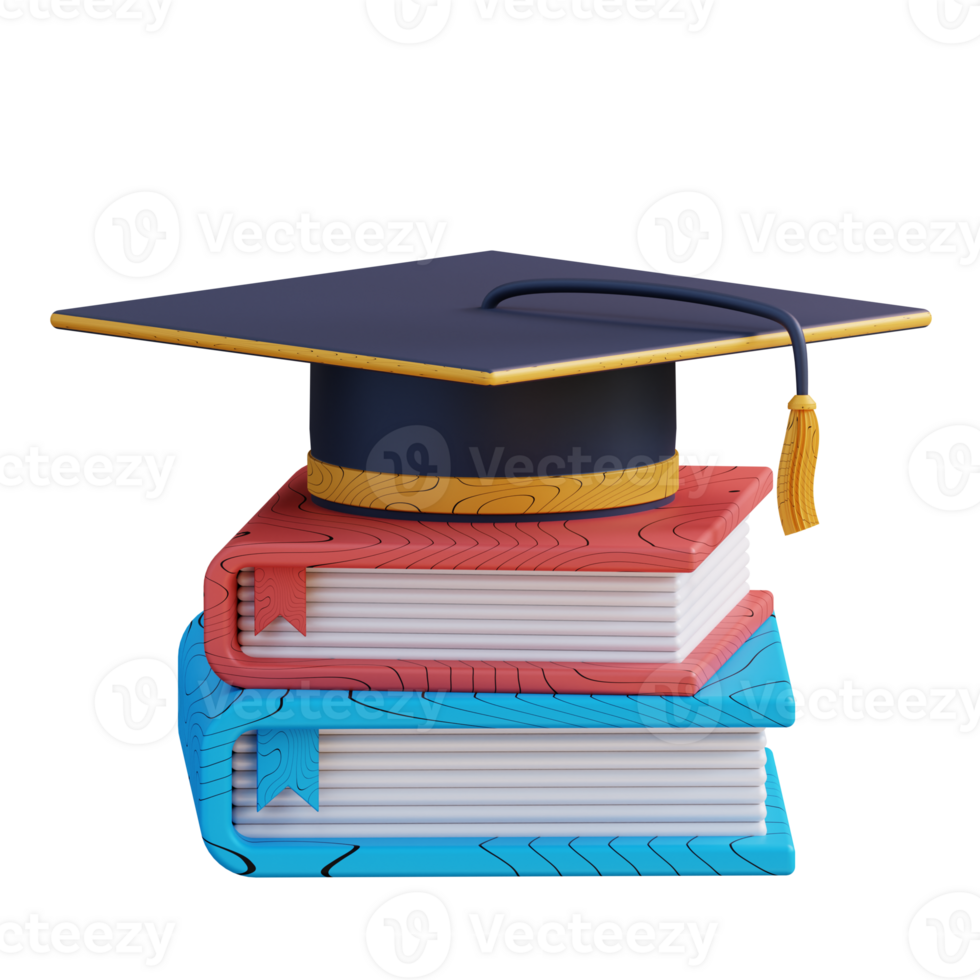 3D illustration pile of books and graduation cap png