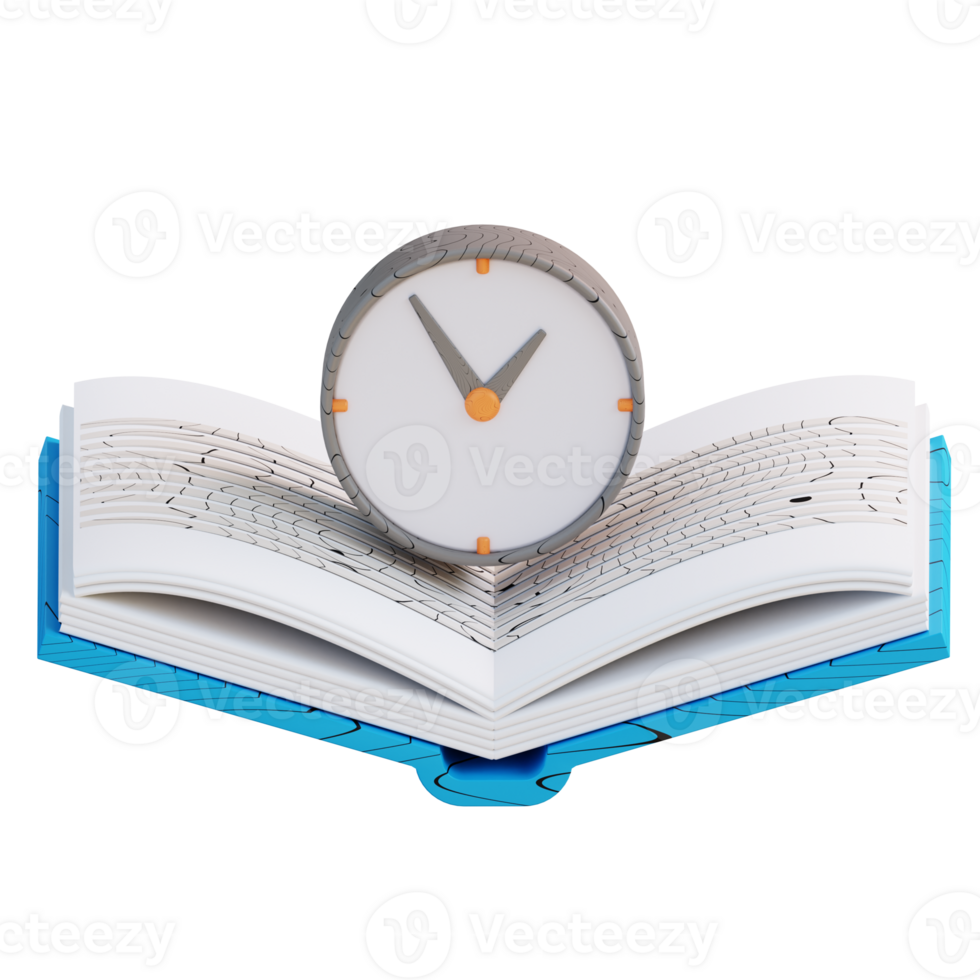 3D Illustration of book and study time clock png