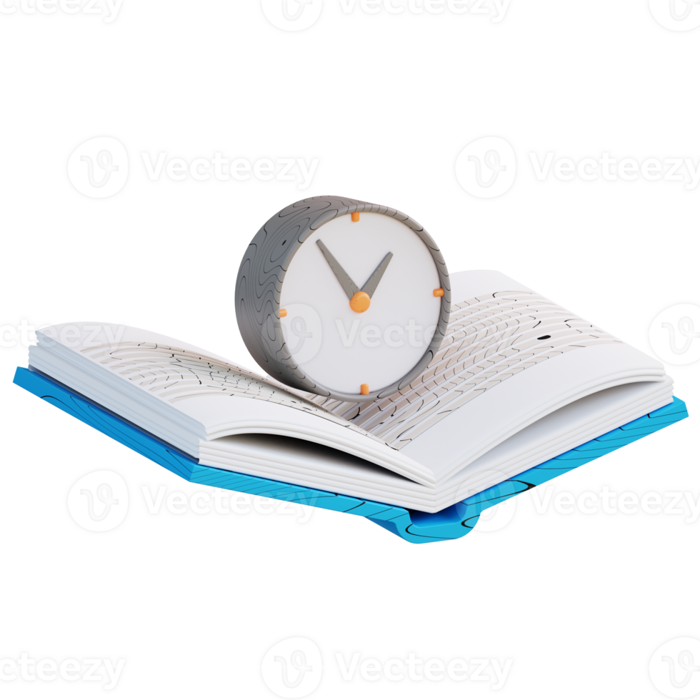 3D Illustration of book and study time clock png