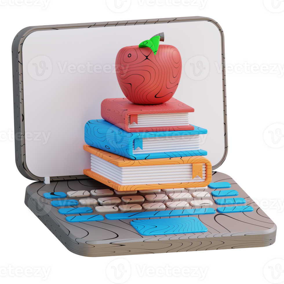 3D Illustration of laptop and pile of apple books png