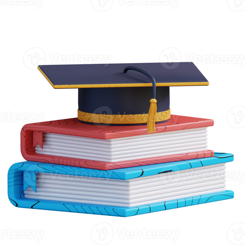 3D illustration pile of books and graduation cap png