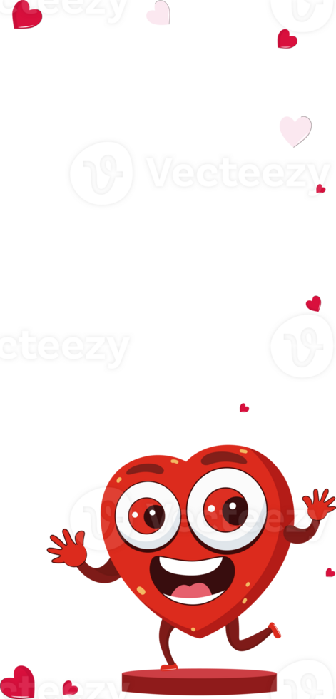 Excited Heart Mascot On Podium With Tiny Red Hearts And Copy Space. png