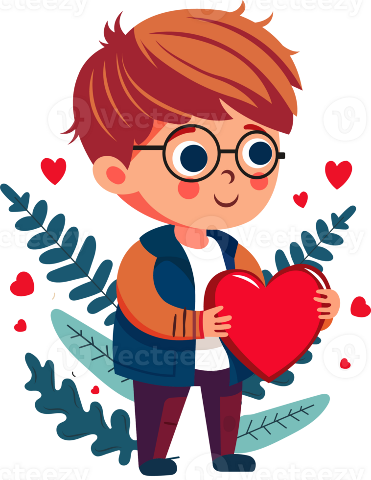 Young Boy Holding Red Heart In Standing Pose, Leaves And Little Hearts png