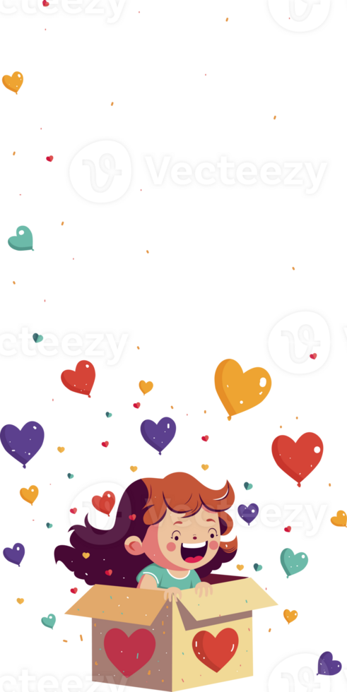 Excited Funny Girl With Heart Balloons Coming Out From Inside Surprise Box And Copy Space. Standee Banner Or Template. png