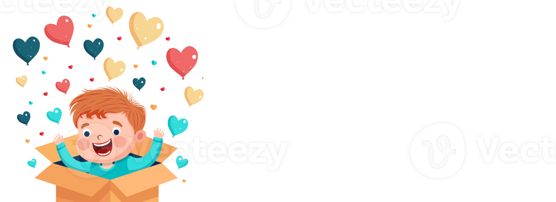 Excited Cute Boy With Heart Balloons Coming Out From Inside Surprise Box. png