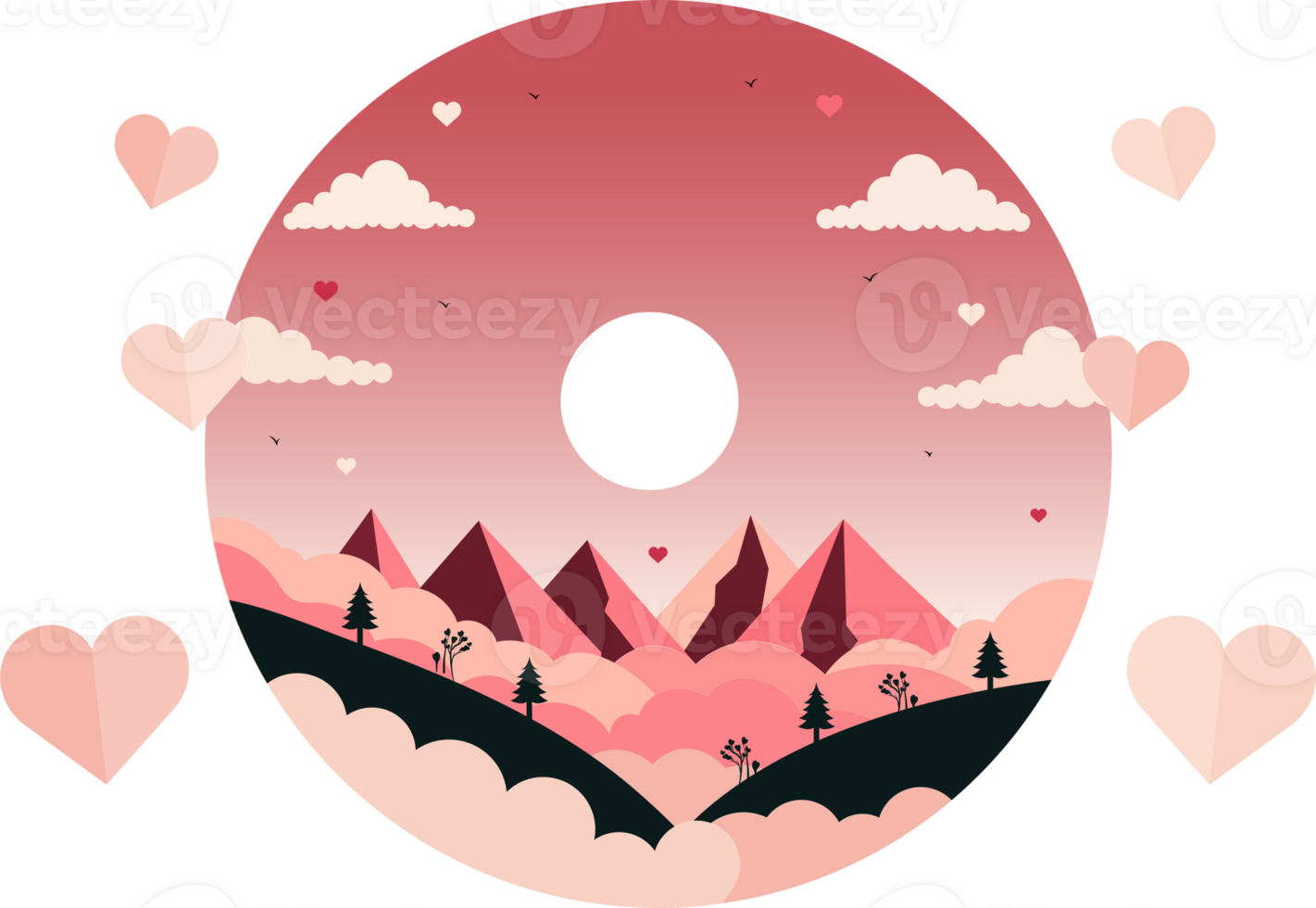 Paper Style Sun Landscape Background And Pink Heart Shapes. png