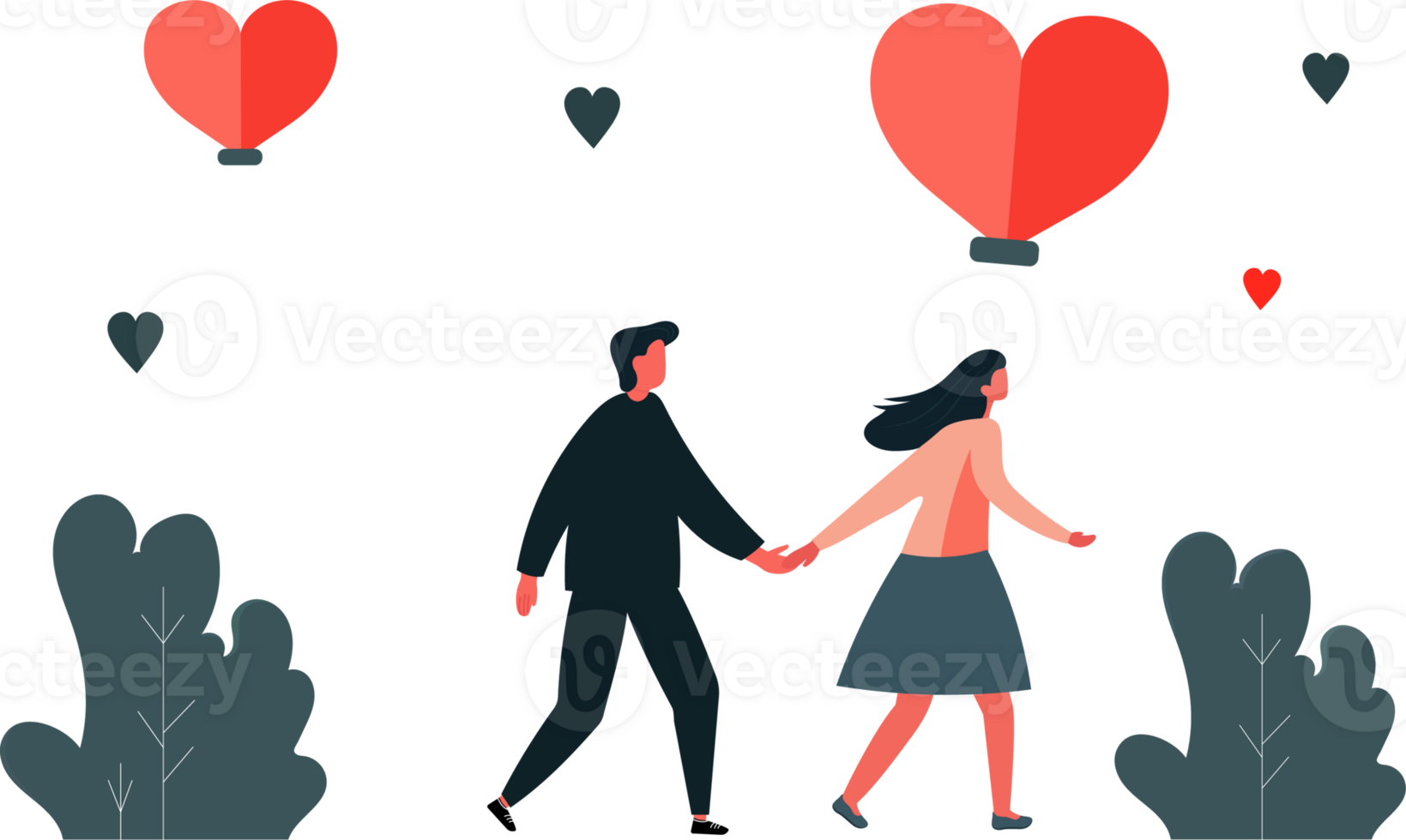 Walking Young Man And Woman Holding Hands With Flying Heart Shapes, Leaves And Copy Space. Love Concept. png