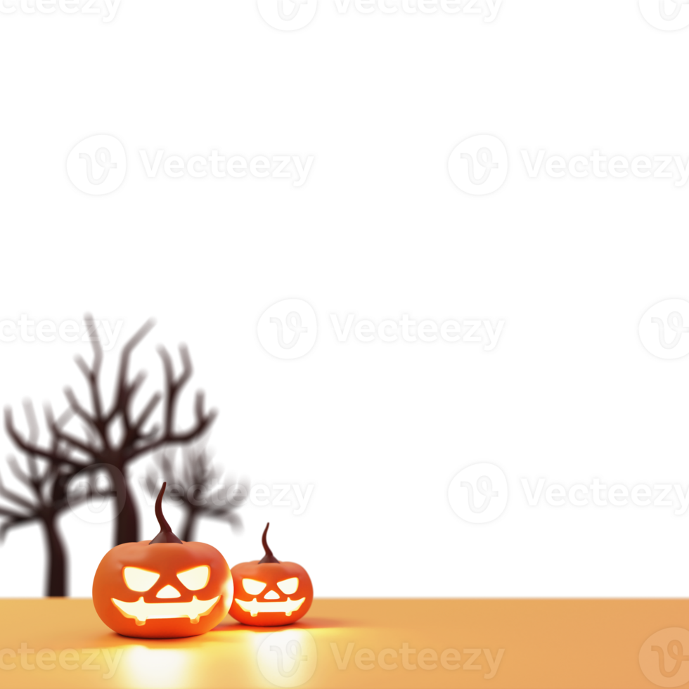 3D Rendering of Illuminated Jack-O-Lanterns With Blurred Bare Trees And Copy Space. png