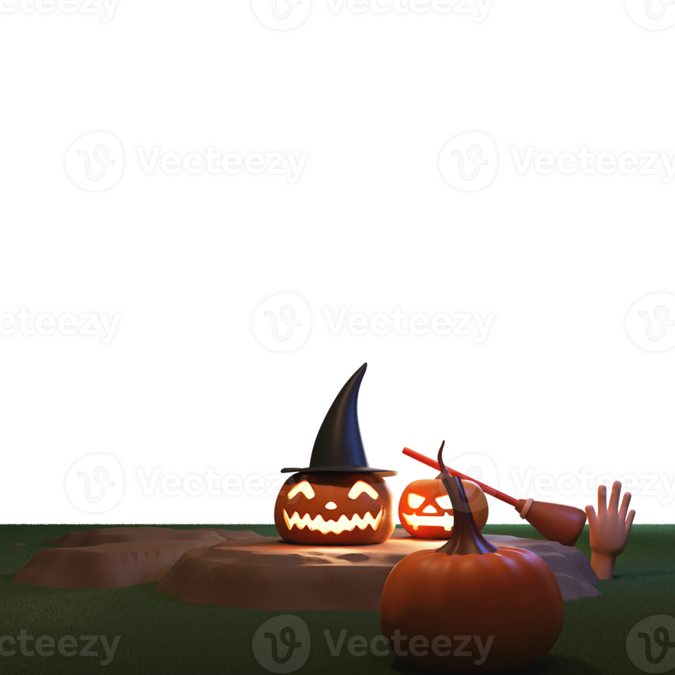 3D Rendering of Illuminated Jack-O-Lanterns With Broom, Zombie Hand On Background And Copy Space. png