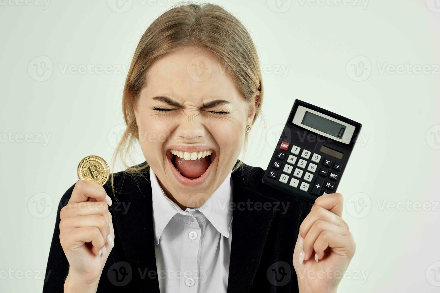 Business woman with bitcoin cryptocurrency and finance economy official photo