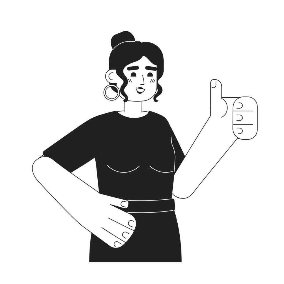 Young latina woman with thumb up monochromatic flat vector character. Excited girl giving approval. Editable thin line half body person on white. Simple bw cartoon spot image for web graphic design