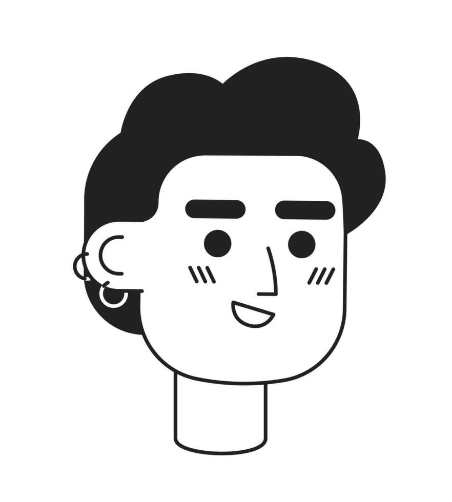 hipster caucásico hombre con oído piercings monocromo plano lineal personaje cabeza. sonriente frio chico. editable contorno mano dibujado humano cara icono. 2d dibujos animados Mancha vector avatar ilustración para animación