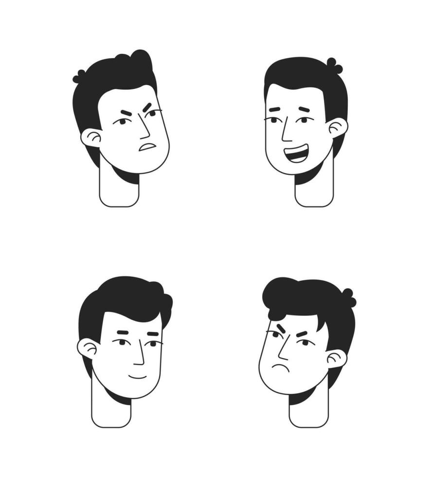 Men expressing emotions monochrome flat linear character heads set. Emotional men. Editable outline people icons. Line users faces. 2D cartoon spot vector avatar illustration pack for animation