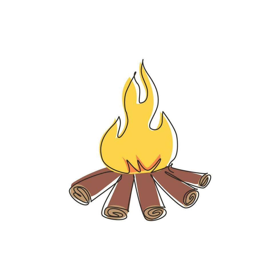 Single one line drawing fireplace campfire. Burning wood, travel and adventure symbol. Bonfire or woodfire. Tourist bonfires form of stack. Continuous line draw design graphic vector illustration