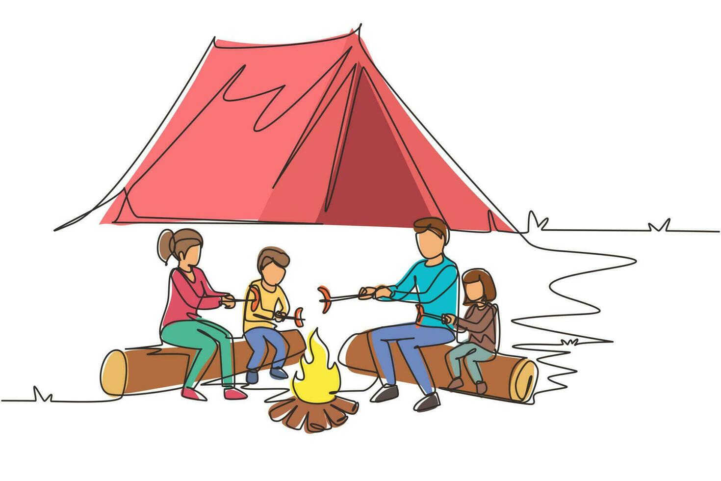 dibujo continuo de una línea familia feliz sentada junto a la fogata. turistas alegres, campistas. mamá papá e hijos asan salchichas. viaje de aventura de campamento nocturno. ilustración gráfica de vector de diseño de dibujo de una sola línea