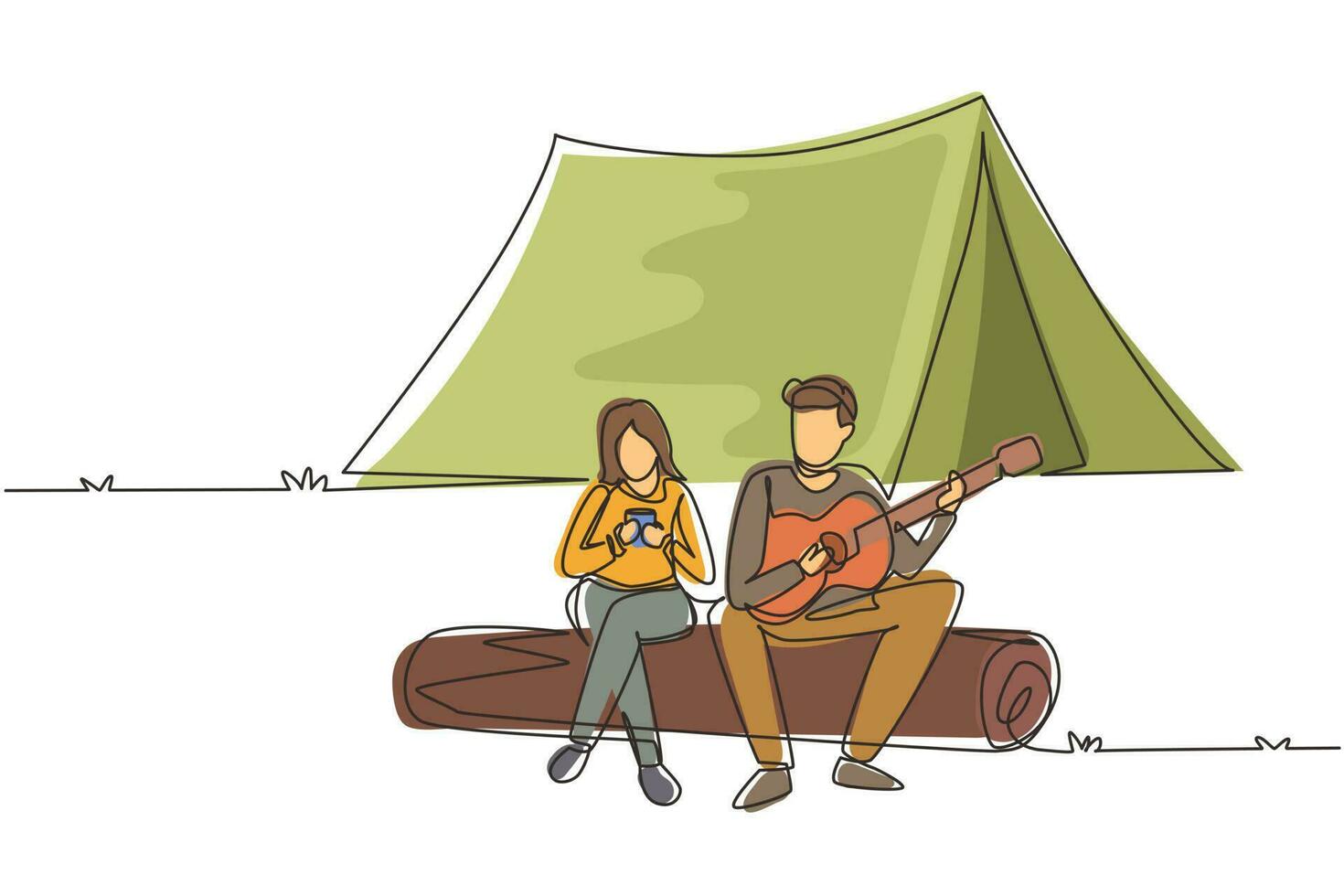 Single continuous line drawing man woman sing song at campsite. Girl drinking tea and guy playing guitar, sitting on logs. Romantic couple dating on camping. One line draw design vector illustration