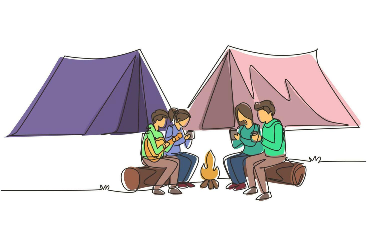 Continuous one line drawing two pair man and woman getting warm near bonfire. Group of people camping drinking tea sitting on logs and man playing guitar. Single line draw design vector illustration