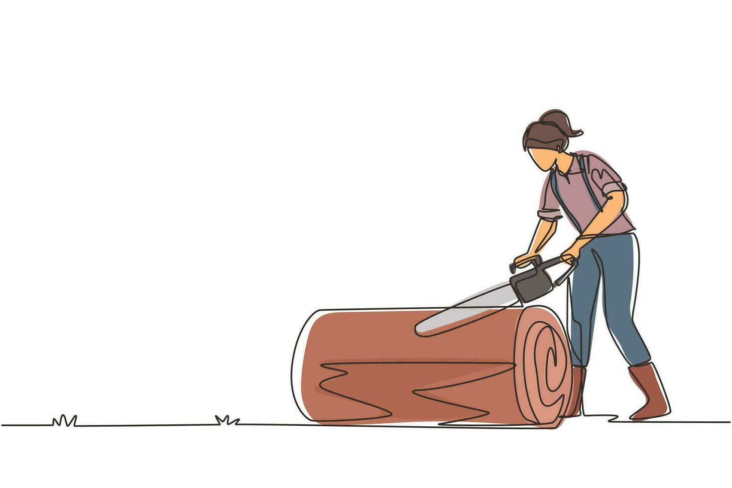 Single continuous line drawing wood industry worker with chainsaw working. Woman logger sawing log in forest. Girl lumberjack cut timberwood, woodcutter occupation. One line design vector illustration