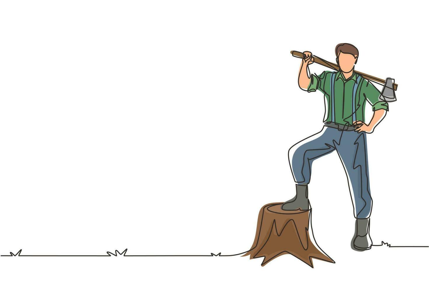 Single one line drawing smiling lumberjack wearing shirt, jeans and boots. Holding on his shoulder a ax posing with one foot on a tree stump. Continuous line draw design graphic vector illustration