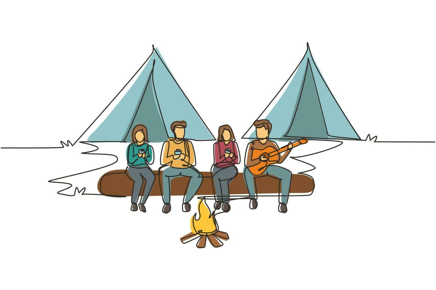 Single one line drawing two couple hikers sitting on log of wood near campfire in forest. People drinking hot tea and man playing guitar. Camping gear and backpack. Continuous line draw design vector