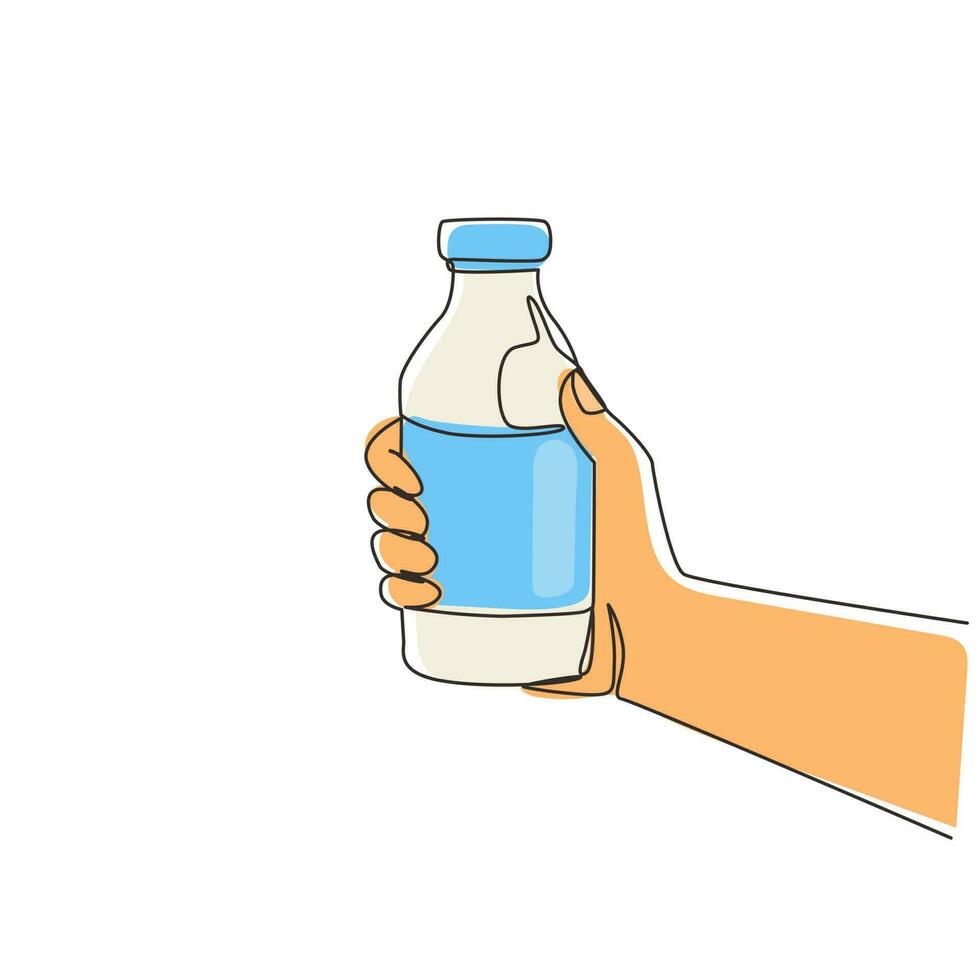 Single one line drawing hand holding fresh milk on bottle glass packaging healthy drink product. Fresh milk for health food nutrition. Modern continuous line draw design graphic vector illustration
