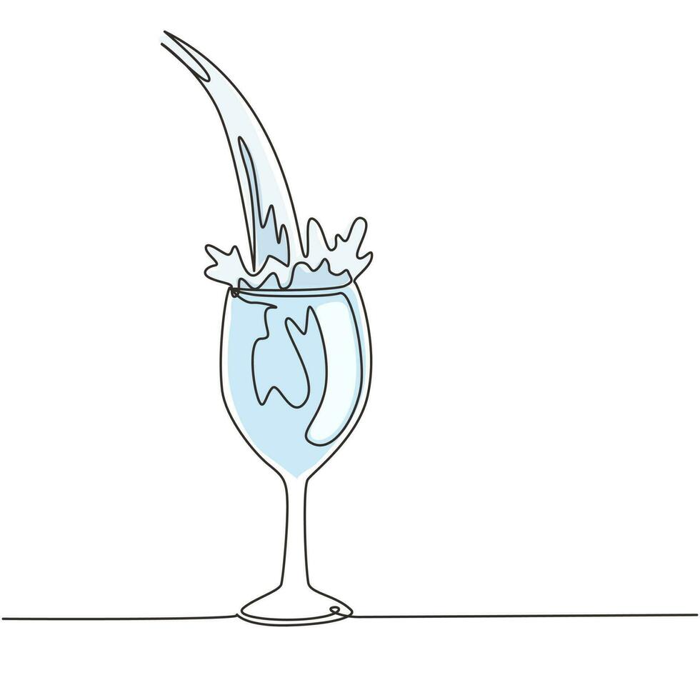 Single one line drawing close up pouring purified fresh drink water into glass. Pouring water. Pouring fresh clean drinking water to glass. Continuous line draw design graphic vector illustration