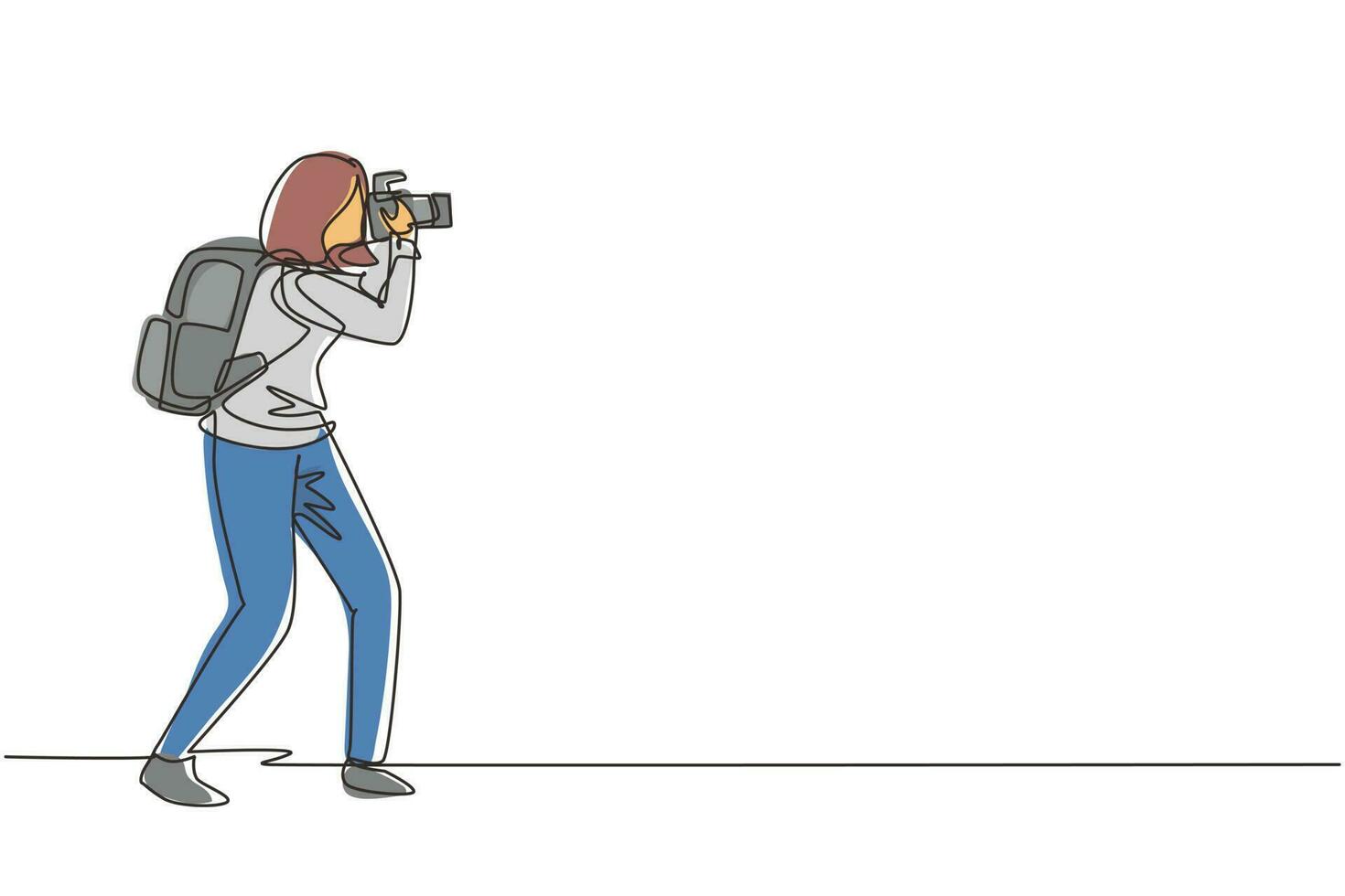 mujer fotógrafa de dibujo de una sola línea o paparazzi tomando fotos con cámaras digitales modernas con ángulos. periodistas o reporteros con mochila haciendo fotos. vector de diseño de dibujo de línea continua