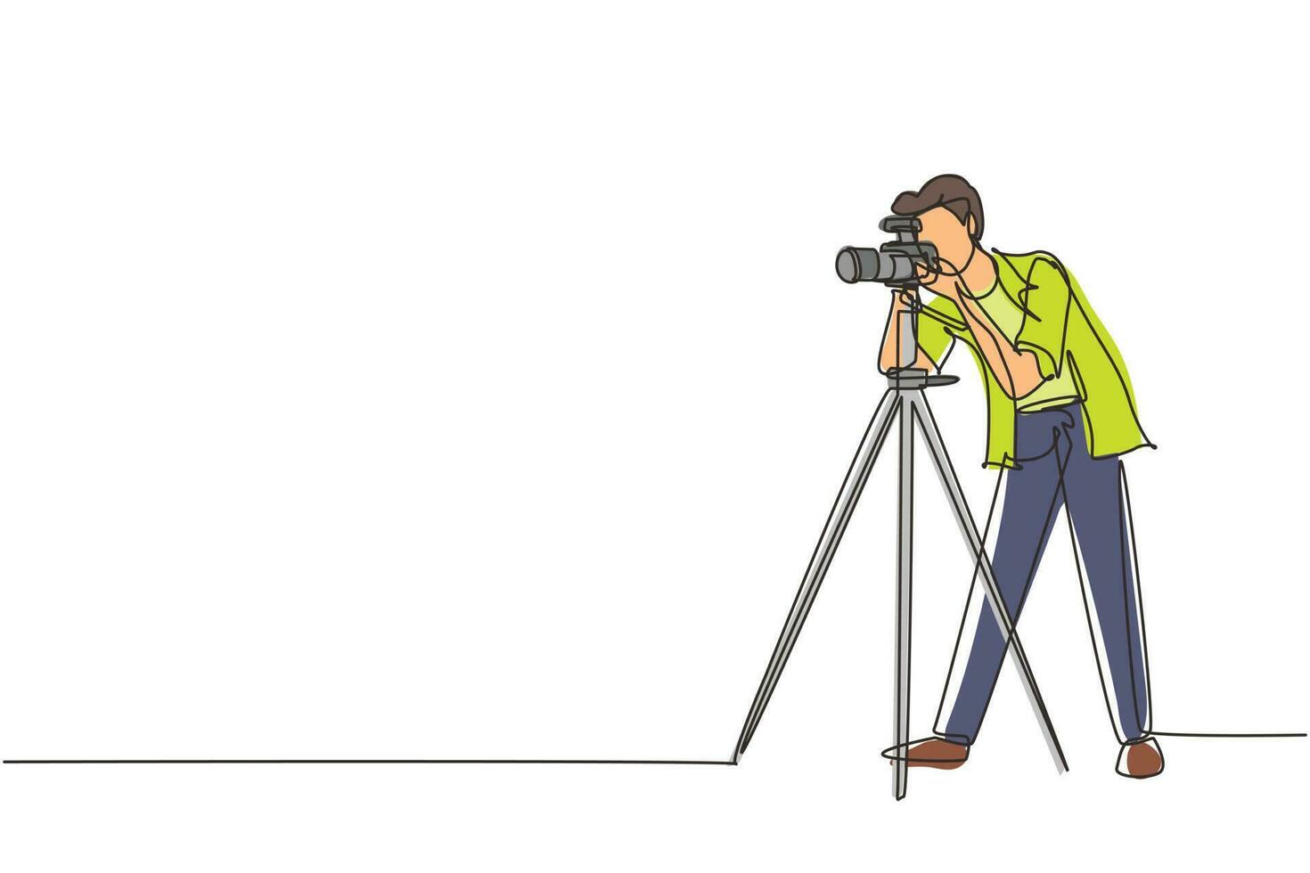 Single one line drawing paparazzi design concept with photographer shooting appearance of show business stars or other celebrities with tripod. Continuous line draw design graphic vector illustration