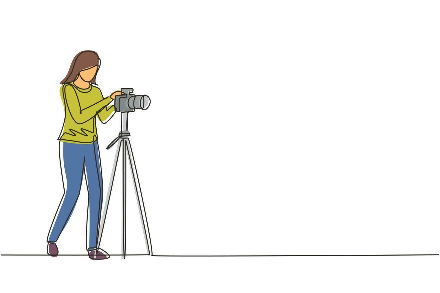 Continuous one line drawing female photographer taking photos using professional equipment set. Woman with camera making pictures. Studio photo equipment. Single line draw design vector illustration